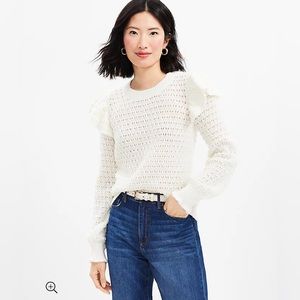 LOFT NWT Shoulder‎ Ruffle Open Knit Sweater - Whisper White